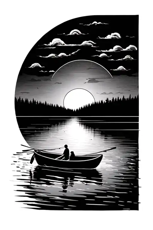 Stream Flowing With Small Row Boat Going Towards Sunset And Positive Words In Water