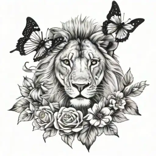 Female Lion And Butterflies And Flowers