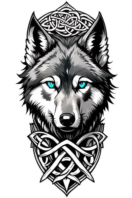 Wolf With Blue Eyes On Armor Design Featuring Celtic Trinity Knot