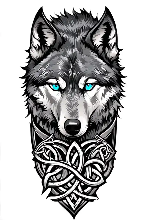 Wolf With Blue Eyes On Armor Design Featuring Celtic Trinity Knot