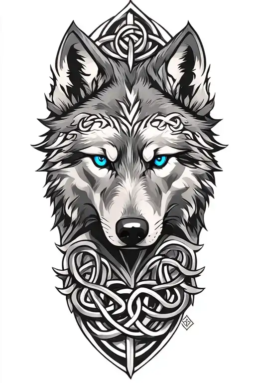 Wolf With Blue Eyes On Armor Tattoo Design Featuring Celtic Trinity Knot