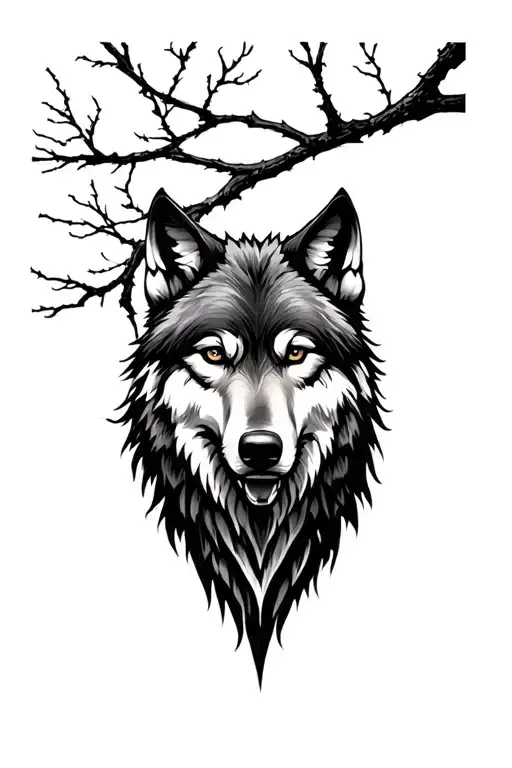 Wolf And Tree Branch