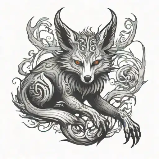 Full Body Demon Fox With Antlers Intertwined