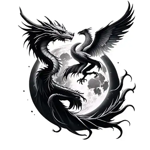 A Dragon And A Phoenix Around A Moon
