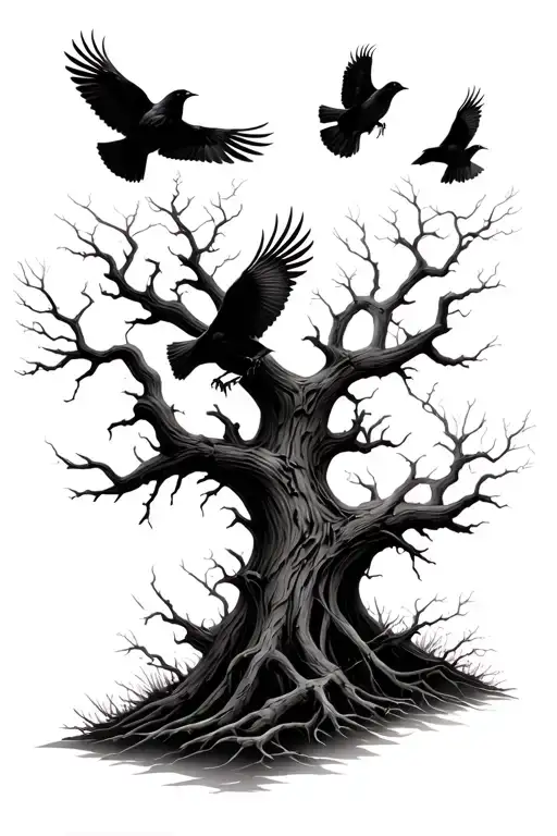 Dead Forest Withe Crows Flying
