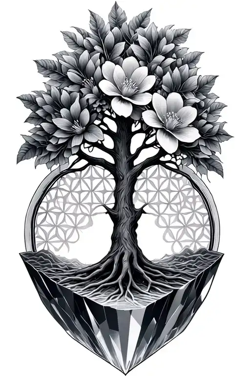 Tree Of Life With Flower Of Life Posed On A Crystal