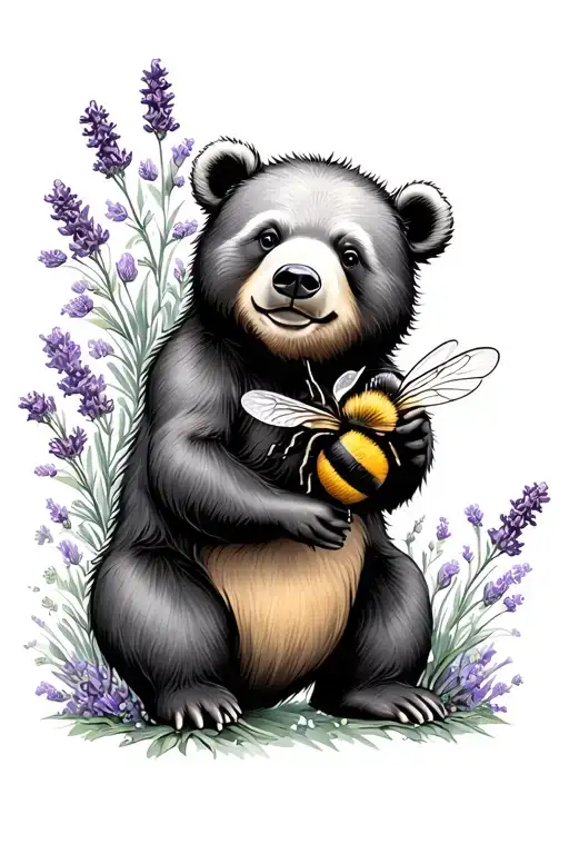 Bear Playing With A Bumble Bee In Lavender Flowers