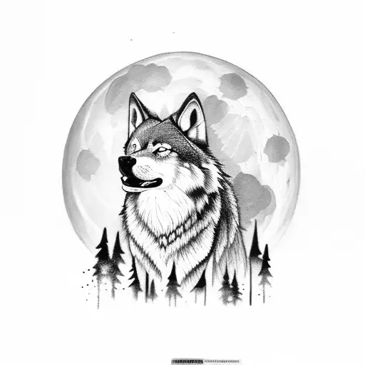A Black-grey Tattoo Of A Wolf Howling At A Full Moon With Music Notes Around It