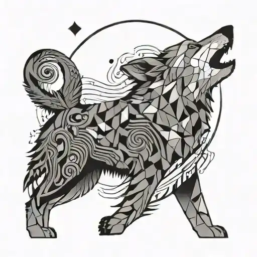 A Geometric Wolf Howling At A Moon Made Of Musical Notes