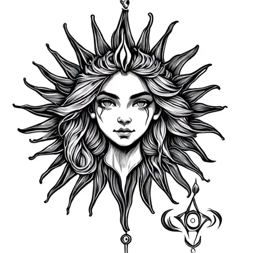 Rapunzel Sun Line Tattoo Design Incorporating Symbols