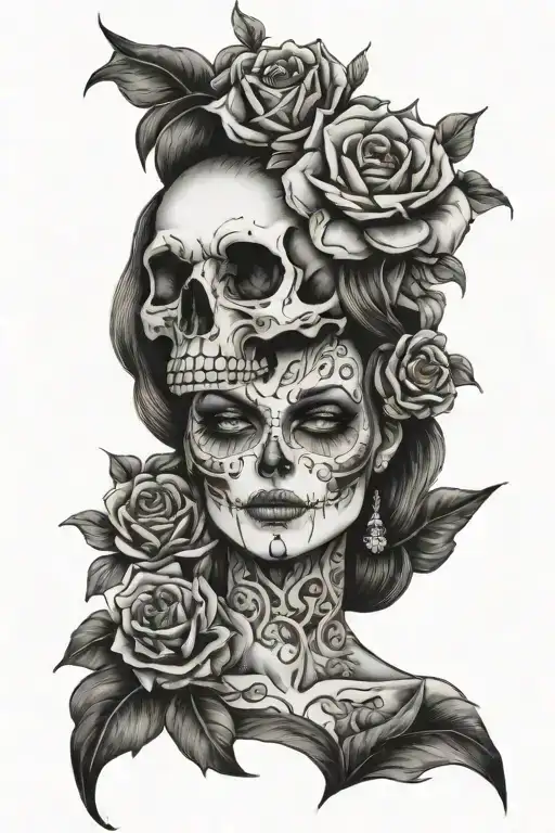 Ladyface With Flowers And Skull Inside