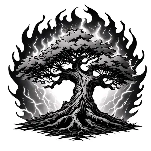 Tree On Fire In Lightning Storm