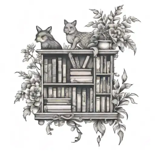 A Bookshelf Tattoo Filled With Books Featuring Floral And Animal Motifs