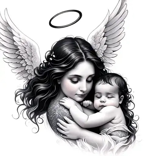 Mother And Baby With Wings And Halo Hugging