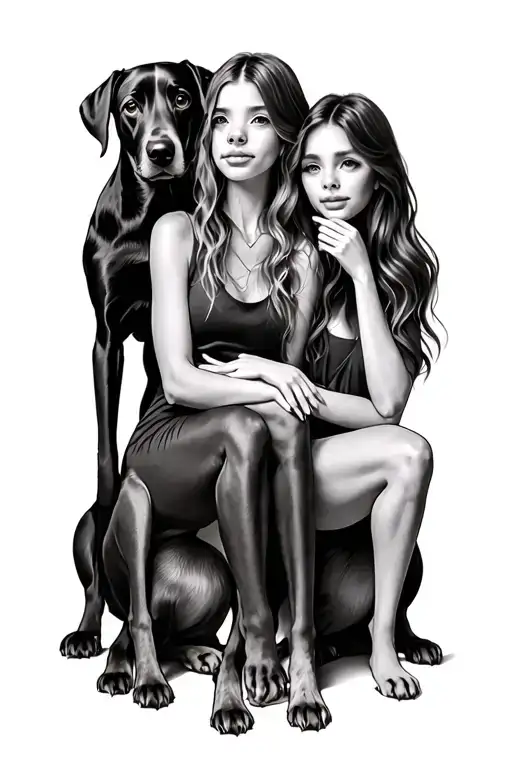 Girl And 3 Dogs Sitting