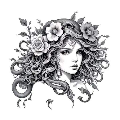 Femininly Fierce Medusa Upper Body Framed With Flowers And Snakes