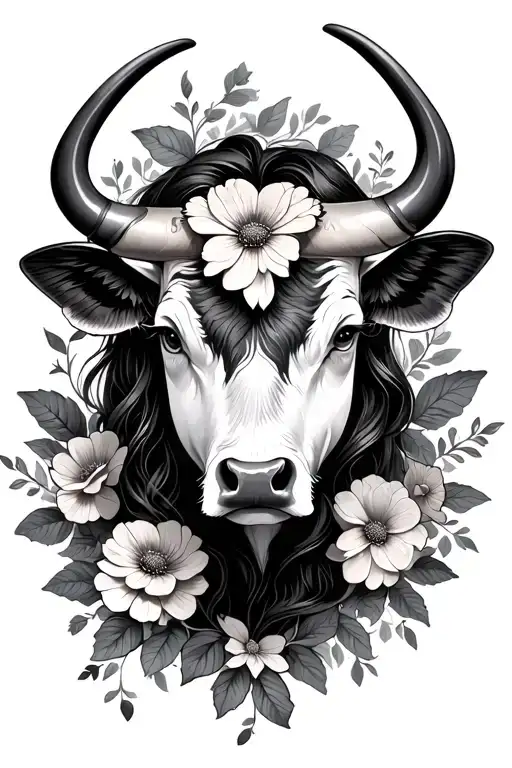 Tier Bull -Mark Female With Flowers With Butterfly