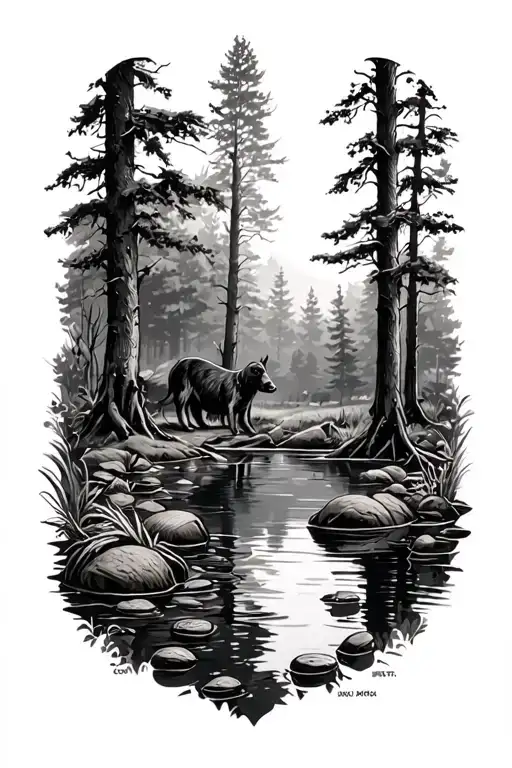 Cocolate Lab In The Woods With A Pond Surrounded