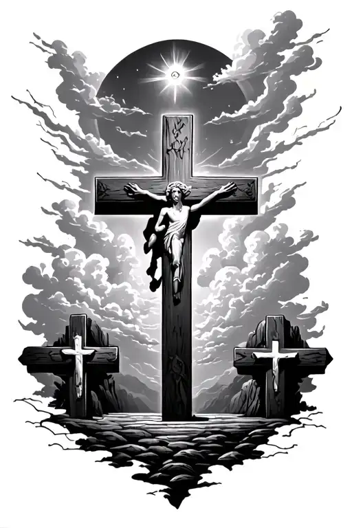 1 Big Cross W 1 Small Cross On Both Sides With Clouds And Heaven Gate Behind