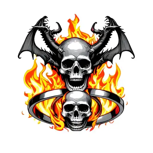 Demons And Skulls With 2 Wedding Rings On Fire