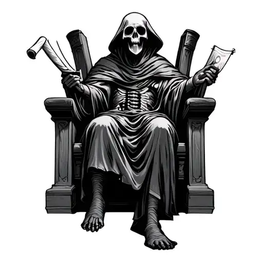 Grim Reaper On Throne Holding 2 Scrolls