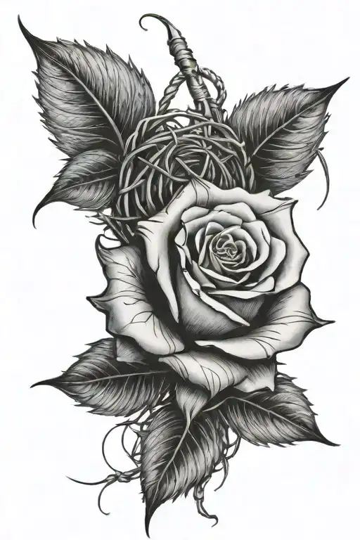 Rose With Thorns And Wire Around The Hand