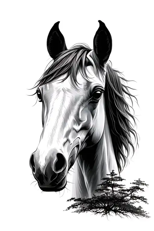 Horse Head With A Big Tree In The Background Looking Through Lens