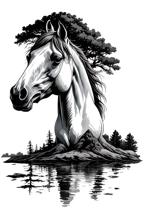 Horse Head With A Big Tree In The Background Black