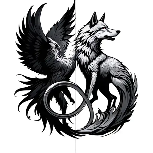 Infinity Symbol Standing Upright Like A Sand Timer With Wolf In One Space And Phoenix In The Other