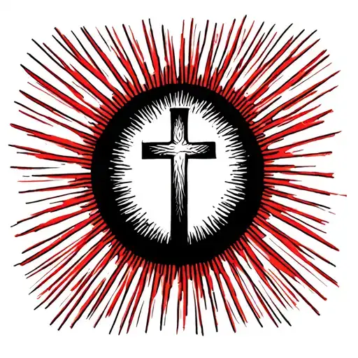 Simple Cross Tattoo With Red Sun Rays In The Background For The Inner Bicep Not Circular