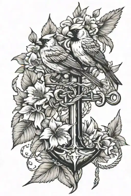 December Birth Flower Flowing Out Of An Anchor With Cardinals Sitting On A Branch