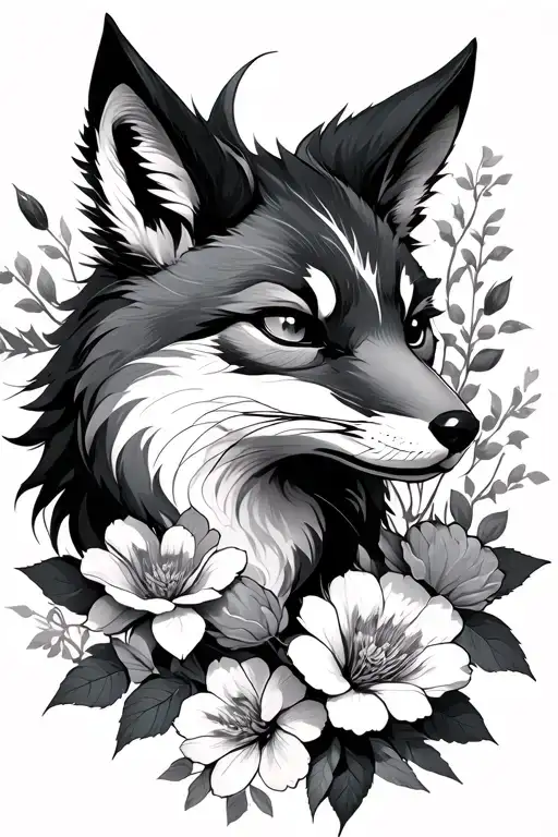 Kitsune With Flowers Against The Background