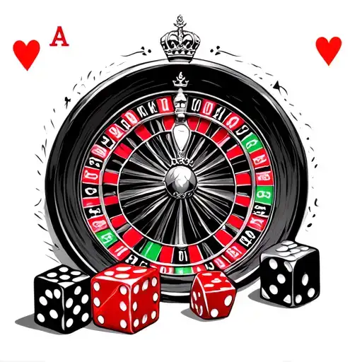 Queen Of Hearts Card With Pair Of Dice Rolling And With Half Of Roulette Wheel