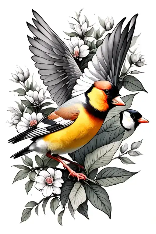 Flying Goldfinch And Plant Growing