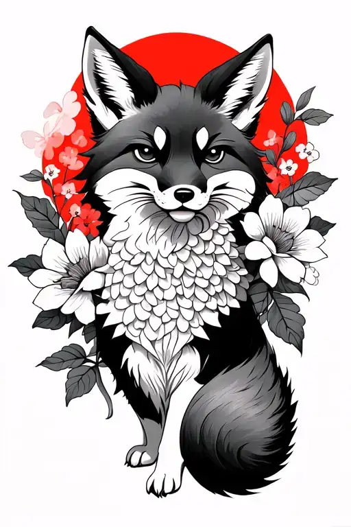 Kitsune With Flowers Against The Background Of A Red Circle