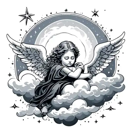 Sleeping Angel On Clouds With A Star