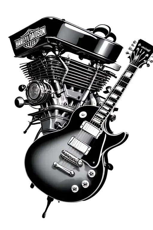 Harley Davidson Tank And Engine With A Gibson Les Paul Guitar