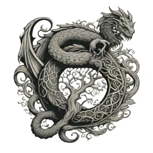 Ouroboros Dragon Wrapped Around Tree Of Life
