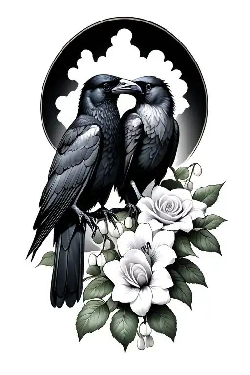 Two Ravens Sitting On Lily Of The Valley And Roses