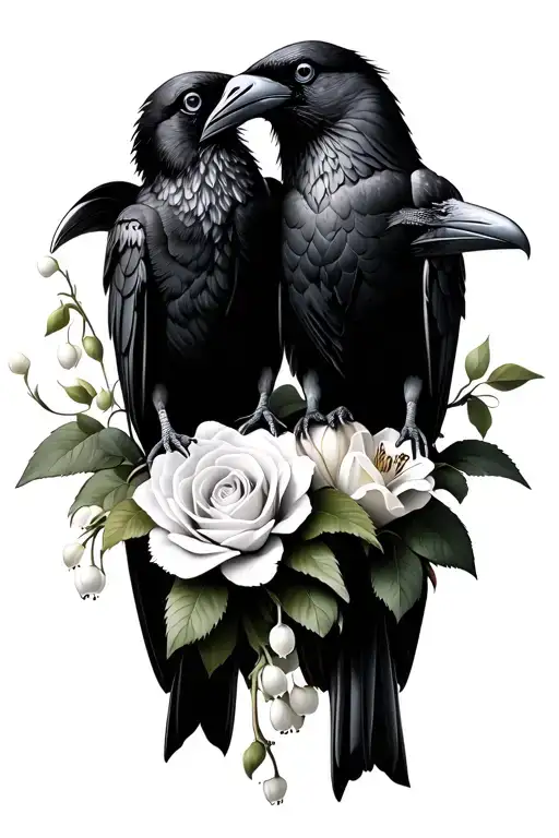 Two Ravens Sitting On Lily Of The Valley And Roses