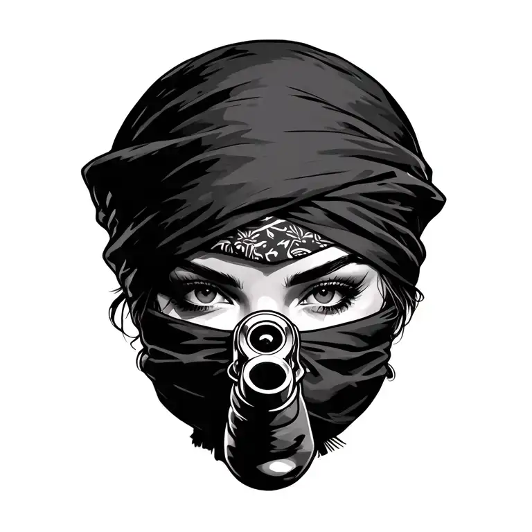 Woman Face With Bandana Covering Her Face Holding Gun