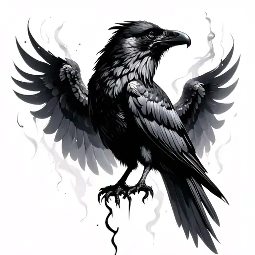Black Raven With Torn Wings & Feathers Flowing Like Smoke