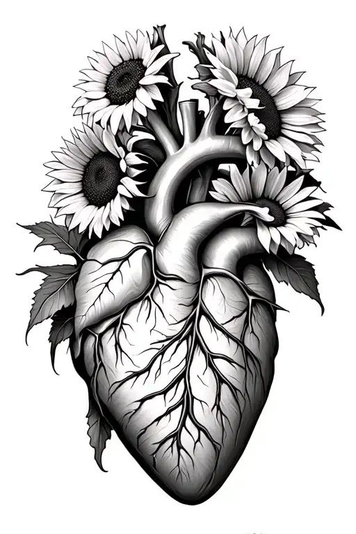 Anatomically Correct Heart With Sunflowers Growing Out Of It