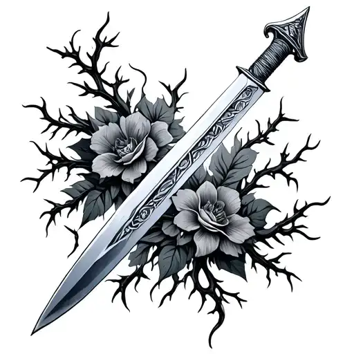 Full Long Sword With Vines And Thorns And Flowers