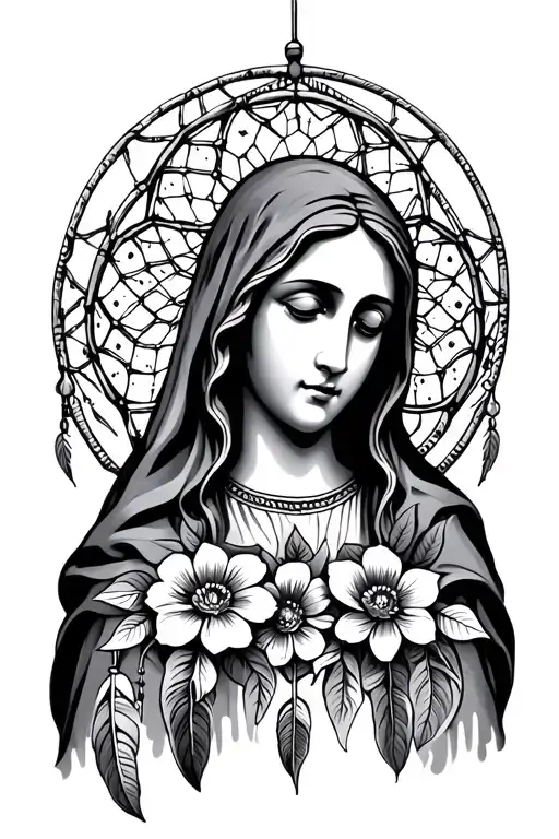 Virgin Mary With Flowers And Dream Catcher