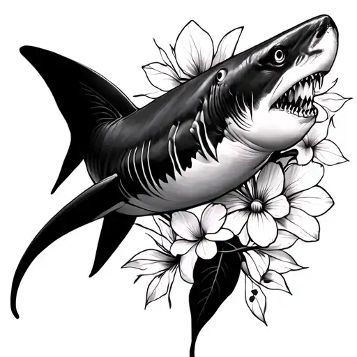 Fine Line Shark With Flower And Lines Throughout That Would Go On A Girls Rib Cage