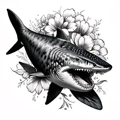 Fine Line Whale Shark With Flower And Lines Throughout That Would Go On A Girls Rib Cage