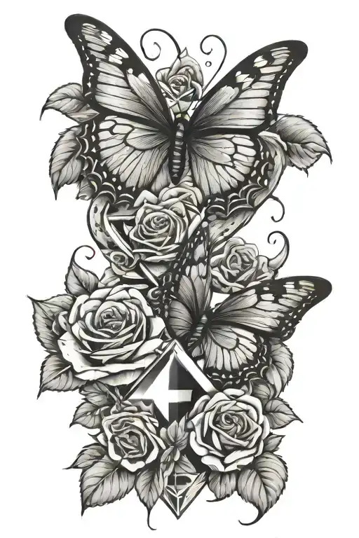 Snake And Roses Wrapped Around A Diamond With A Butterfly