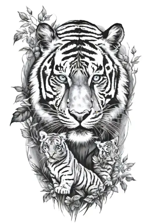 Tiger With Blue Eyes With Cubs Walking In The Forest