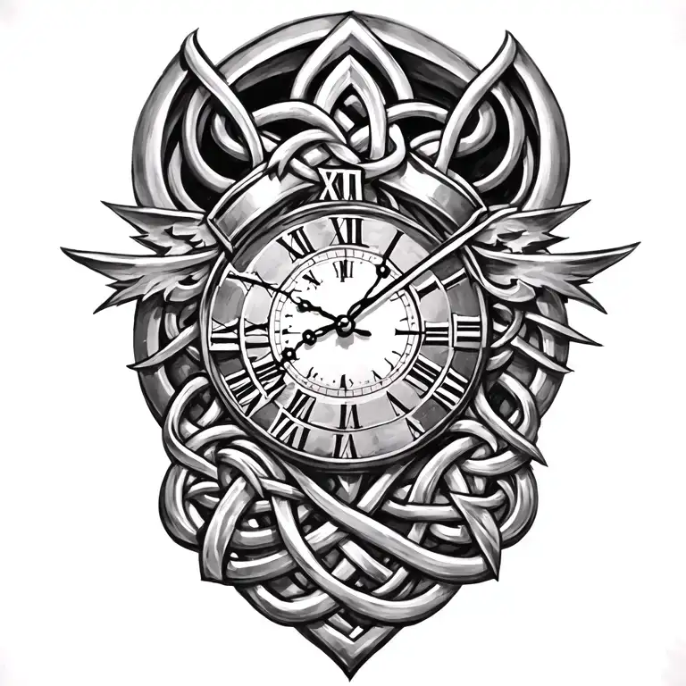 Clock Face On Armor Tattoo Design Featuring Celtic Trinity Knot
